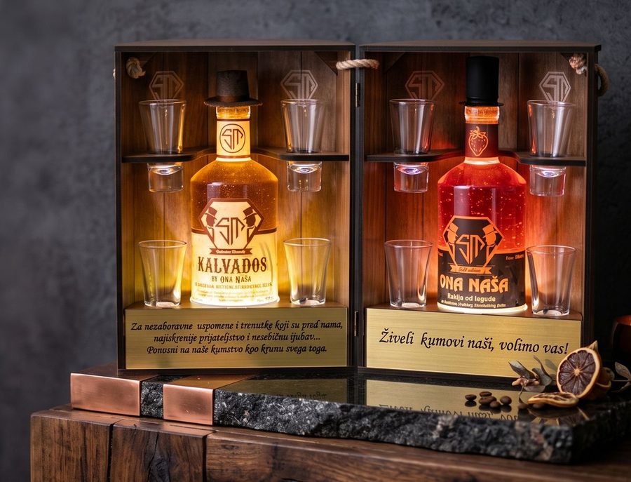 Premium Double Lux Mini Bar — bure sa dve flaše rakije i osam čašica